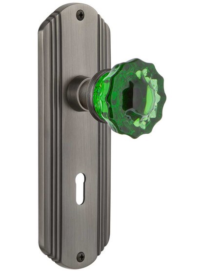 Streamline Deco Mortise Lock Set with Colored Fluted Crystal Glass Knobs Emerald in Antique Pewter.